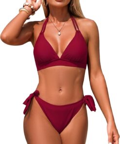 Genfien Damen Bikini Set V Ausschnitt Neckholder Low Waist Schnürung Bademode Zweiteiliger Badeanzug Swimsuit