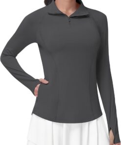 Runhit UV Shirt Damen Langarm UPF 50+ Sonnenschutz Sportshirt, Atmungsaktives Funktionsshirt mit 1/4 Reißverschluss Daumenloch & Taschen, Schnelltrocknendes Laufshirt für Gym Fitness Yoga & Outdoor