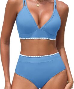 UMIPUBO Bikini Damen Set High Waist Push Up Bauchweg Zweiteiler V-Ausschnitt Große Brüste Bademode Hoher Taille Colour Blocking Mit Muschelkante Badebekleidung