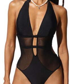 CUPSHE Badeanzug Damen Tiefer V Ausschnitt Neckholder Netz Riemchen