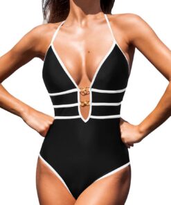 CUPSHE Badeanzug Damen Neckholder Tiefer Ausschnitt Rückenfrei Bademode | O Ring,Spaghetti Träger,Bequeme Passform, Mittlere Bedeckung, Für Strand und Pool