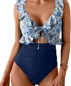 Yutdeng Einteiliger Badeanzug Damen Bauchweg V Ausschnitt Rüschen Monokini High Waist Einteilige Bademode Push Up Badebekleidung Sexy Cutout Swimsuit Bauchkontrolle Badeanzüge Schnürung Schwimmanzug