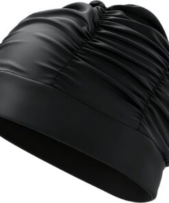 Nify Schwimmhaube Damen aus Stoff, Elastische Badekappe aus Nylon mit Plissee, Große Schwimmkappe für Erwachsene, Atmungsaktive Badehaube in Schwarz, Einheitsgröße