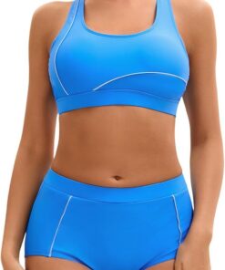 Damen Sport Badeanzug Zweiteiliger Crop Top Gerippter Bikini U Ausschnitt Bikini-Sets High Waist Bauchweg Blumenmuster Badeanzüge Swimsuit