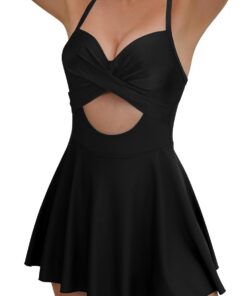 SHEKINI Cutout Damen Einteiler Badeanzug Badekleid Bauchweg Tie Back Große Größe Baderock mit Briefs Modest Badebekleidung