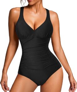 KUMAYES Damen Badeanzug Monokini Bauchweg Schlankheits Badeanzug V Ausschnitt Badebekleidung Bauchweg Bademode Swimsuit
