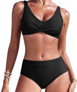 Svanco Bikini Damen Set High Waist Bauchweg - V-Ausschnitt Überkreuztes & Farbblock-Design, Zweiteiliger Bademode mit Cup