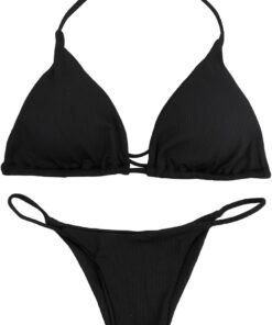 Damen Bikini Set Zweiteiliger Badeanzug Bikini Bikini Damen Neckholder Triangel String Bikini Set mit Brustpolster Schwarz