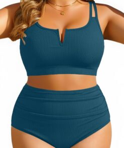 Damen-Badeanzug, zweiteilig, hohe Taille, gerippt | Badeanzug mit V-Ausschnitt, verstellbare Träger, volle Abdeckung, Vollfutter