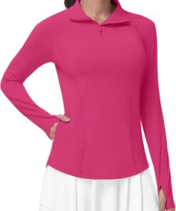 Runhit UV Shirt Damen Langarm UPF 50+ Sonnenschutz Sportshirt, Atmungsaktives Funktionsshirt mit 1/4 Reißverschluss Daumenloch & Taschen, Schnelltrocknendes Laufshirt für Gym Fitness Yoga & Outdoor
