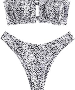 ZAFUL Schulterfreies Bandeau-Bikini-Set mit hohem Schnitt und Kordelzug und Rüschen Bademode für Damen