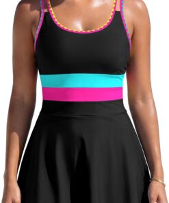 SHEKINI Damen Badeanzug mit Rock Bauchweg Tiefes U-Ausschnitt Badekleid mit Einstellbaren Trägern & Abnehmbaren Polstern