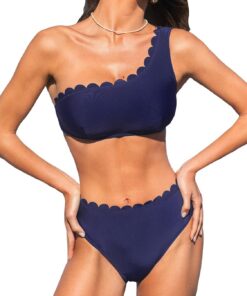 CUPSHE Damen Bikini Set One Shoulder Wellenkante Mid Waist Bikini Asymmetrische Bademode Zweiteiliger Badeanzug Swimsuit