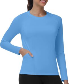 UV Shirt Damen Langarm mit Taschen, UPF 50+ Sonnenschutz Rash Guard, Schwimmshirt Atmungsaktiv Schnelltrocknend Badeshirt für Fitness Gym Yoga Wasser Strand