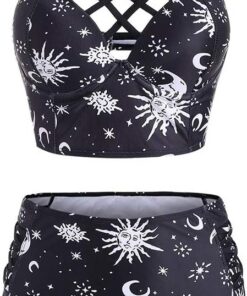 JMSUN Damen Bikini Sommer Badeanzug Sonne Stern Mond Gitter Hohe Taille Tankini Badeanzug