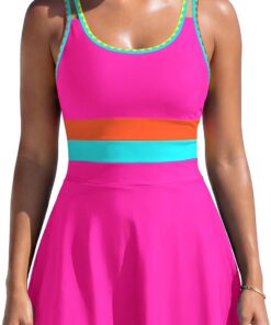 SHEKINI Damen Badeanzug mit Rock Bauchweg Tiefes U-Ausschnitt Badekleid mit Einstellbaren Trägern & Abnehmbaren Polstern