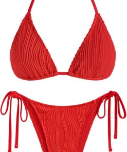 ZAFUL Damen Halter Trangle Bikini Set Tie-Side Cheeky Texture/Floral/Leopard Druck Zweiteiliger Badeanzug Bademode