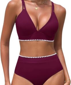 UMIPUBO Bikini Damen Set High Waist Push Up Bauchweg Zweiteiler V-Ausschnitt Große Brüste Bademode Hoher Taille Colour Blocking Mit Muschelkante Badebekleidung