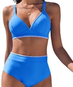 Bikini Damen Set V Ausschnitt Zweiteiliger Push Up Bikinis High Waist Bademode Sexy Swimwear mit Weißer Spitze