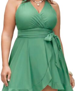 SEDEX Badekleid Damen Große Größe V-Ausschnitt Badeanzug mit Rock Bauchweg Plus Size Schwimmanzug Große Brüste Formend Kreuz Rücken Verstellbare Träger Einteiler für Mollige Frauen
