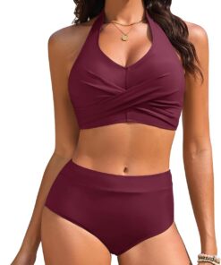 Bikini Damen Set High Waist Bauchweg Badeanzug Zweiteiliger Sexy V-Ausschnitt Push Up Bikini Neckholder Bademode Grosse Grössen Beach Pool