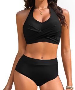 Bikini Damen Set High Waist Bauchweg Badeanzug Zweiteiliger Sexy V-Ausschnitt Push Up Bikini Neckholder Bademode Grosse Grössen Beach Pool
