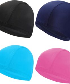 4 Stück Unisex Elastische Badekappen, Bequemer Stoff Schwimmkappe, Komfortable Stoff Badekappe, Schwimmhaube Weiche Hochelastisch und Strapazierfähige für mädchen Lange Kurzes Haar Herren Kinder