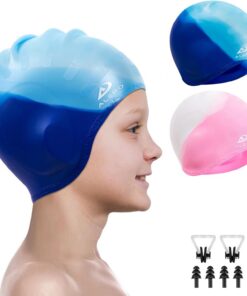 Alepo 2 Pack Badekappe Kinder Mädchen Jungen, Bademütze Langlebige Silikon Badekappe mit 3D-Ohrenschutz für Kleinkinder, schwimmkappe Lange Haare im Alter von 3–15 Jahren, Nasenclip