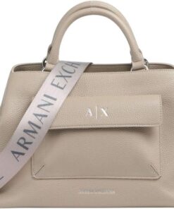 Armani Exchange Women's Nicole, Sustainable, Silver Logo, Front Pocket, SHOPPING BAG, Beige, One size