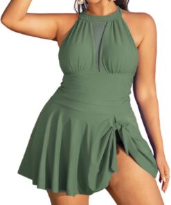 Damen Einteilig Badeanzug Große Größe Sexy Neckholder Bauchweg Badekleid mit Cups & Rock