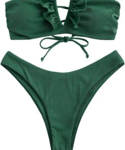 ZAFUL Damen Bandeau Schulterfrei Bikini Set Sexy Strandkleidung mit Blumenmuster Knote