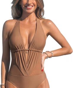 CUPSHE Badeanzug Damen V Ausschnitt Rückenfrei Neckholder Netzstoff | Metalldetail, Tiefer Rückenausschnitt, Monokini Stil,Bademode Swimsuit