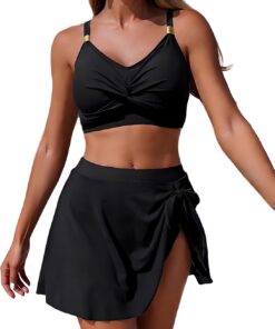 Bikini Damen Set mit Mesh Rock V Ausschnitt Zweiteiliger Badeanzug Hoher Taille Bauchweg Bikini Bademode
