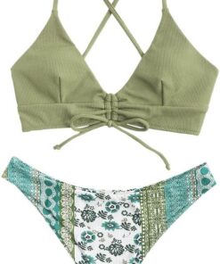 ZAFUL Damen Zweiteilig Bikini-Set mit verstellbarem BH Push-Up Rücken, Triangle Bustle Badehose mit Blummenmuster