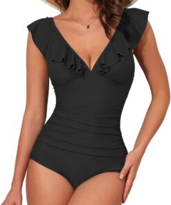 CULACCINO Badeanzug Damen Triangel V-Ausschnitt mit Rüschensaum Einstellbarer Schultergurt Bauchweg Sexy Einteilige Bademode Swimsuit One Piece