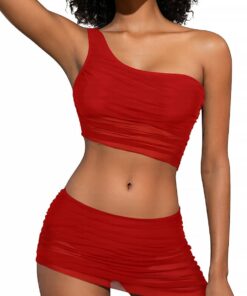 Damen Asymmetrische Bikini Sets Eine Schulter Rüschen Mesh Mid Rise Rock Bottoms Zweiteiliger Badeanzug