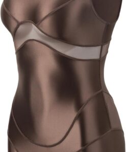 LEOHEX Damen Glänzender Bodysuit Upgrade Seidig Mockneck Mesh-Einsatz Yoga Tanz Gym Rave Badeanzug
