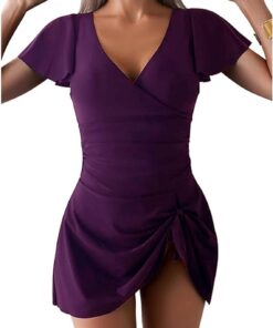 TcIFE Damen Badeanzug Badekleid Einteiler V-Ausschnitt Rüschen Flügelärmel | Damen Badekleid Einteiler mit V-Ausschnitt, Rüschen, Flügelärmel und Knoten vorne für den Strand Minirock Badeanzüge