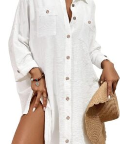 Bsubseach Damen Button Down Strandkleid V-Ausschnitt Badeanzug Resort Wear