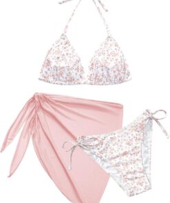 Svanco Cute Bikini Damen Set 3 Teilig mit Blumenmuster - Triangle Neckholder Oberteil, Unterteil Seitlicher Schnürung und Wrap Rock
