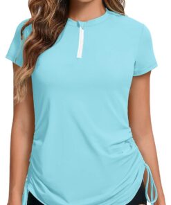 UV Shirt Damen Wasser 1/4 Reißverschluss Schwimmshirt Rashguard Damen Badeshirt Kurzarm Schwimm T-Shirt Verstellbarer Saum UPF 50+