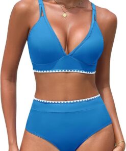 UMIPUBO Bikini Damen Set High Waist Push Up Bauchweg Zweiteiler V-Ausschnitt Große Brüste Bademode Hoher Taille Colour Blocking Mit Muschelkante Badebekleidung