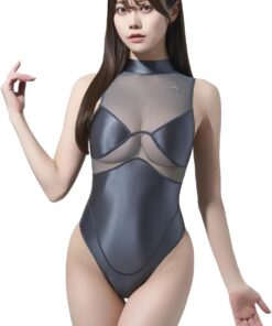 LEOHEX Damen Badeanzug Glänzend Einteiler Transparentes Mesh Stehkragen Reißverschluss Am Rücken Hoch Geschnitten Stretch Schwimmanzug