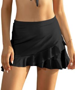 SHEKINI Damen Baderock High Waist Bikinirock Schwarz Kurzer Rock Grosse Grössen Badeshorts Unregelmäßiger Volant Strandrock
