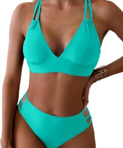 Yutdeng Triangle Bikini Damen Set Push Up ohne Bügel Gepolstert V Ausschnitt Shape Bikini Bauchweg mit Hohem Bund Rückseite Crossover Zweiteiliger Badeanzug Bikini Sportlich Swimsuit
