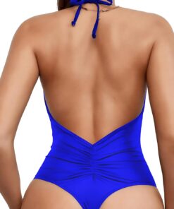 Sexybody Damen-Bikini, hohe Taille, einteiliger Badeanzug, gerippt, Bauchkontrolle, Ausschnitt, gerüschter V-Ausschnitt