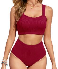 Vancavoo Damen Bikini Set Zweiteiliger Badeanzug Push Up Sport Bikini-Oberteil High Waist Elastische Gerippte Bademode Swimsuit