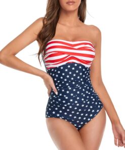 Smismivo Trägerloser Einteiliger Damen Badeanzugmit Bandeau Retro Bauchweg Schwimmanzug für Damen Vintage Ruched Einteilige Bademode Swimsuit