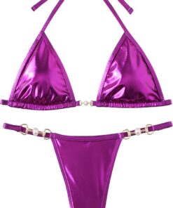 SEAUR Metallic Bikini für Frauen Zweiteiliger Sexy Triangel High Cut Strings Bottoms Badeanzug mit String Neckholder Tops Bademode