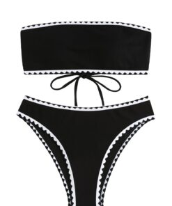 ZAFUL Damen Bandeau Bikini Set Gerippt/Blumen/Boho/Tropical Hoher Beinausschnitt Cheeky Trägerlos Zweiteiler Badeanzug Bademode